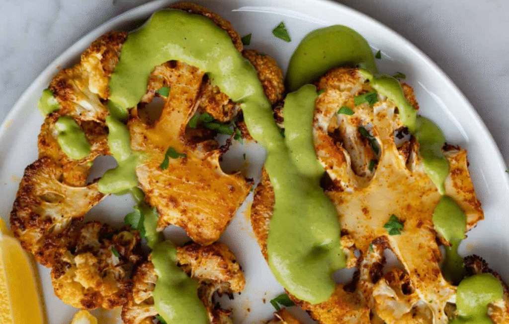 Roasted Cauliflower Steaks + Mustard-Cheese Dressing
